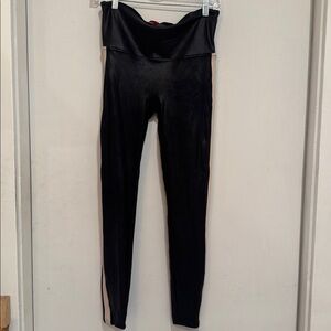 SPANX Large Shiny Black Leggings with Cream strip detail